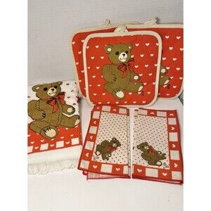 Teddy Bear Red Hearts Kitchen Set 7pc Potholders Napkins Towel VTG Cottagecore